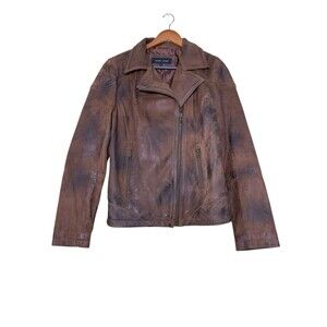 Black Rivet Distressed Brown Leather Moto Jacket Trendy Women's Large